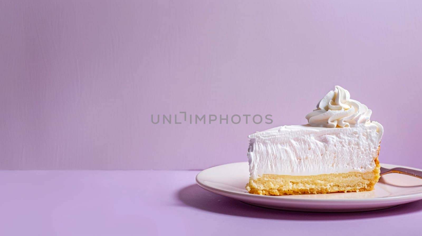 Elegant whipped cream cake slice sitting gracefully against soft purple shade, evoking feelings of indulgence, sweetness, and celebration.