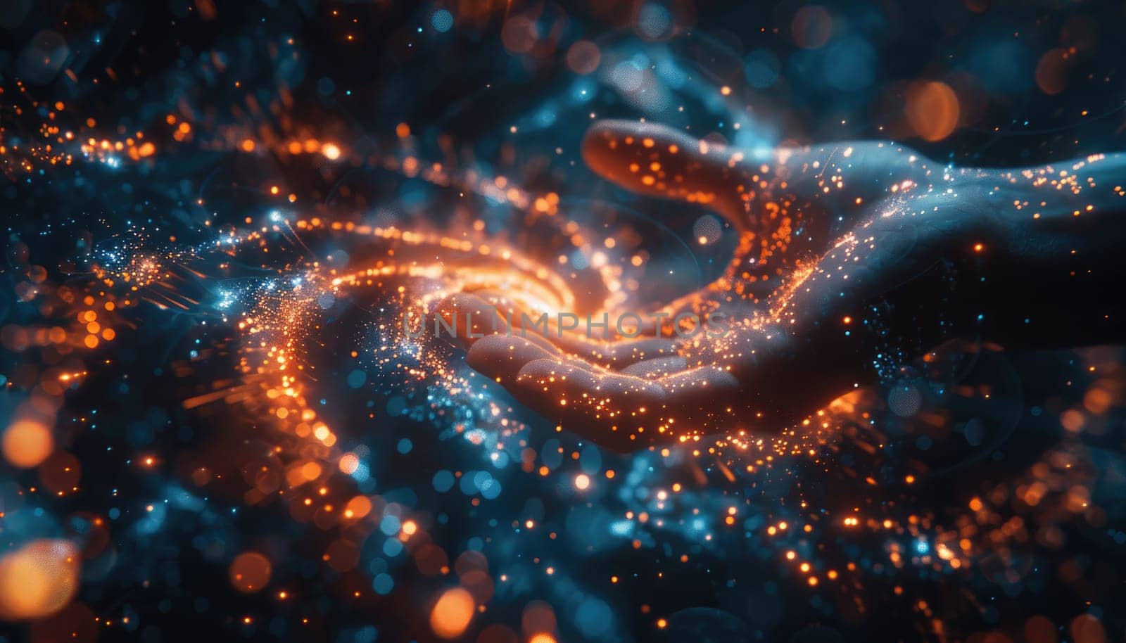 A hand is reaching out into a galaxy of stars by AI generated image.