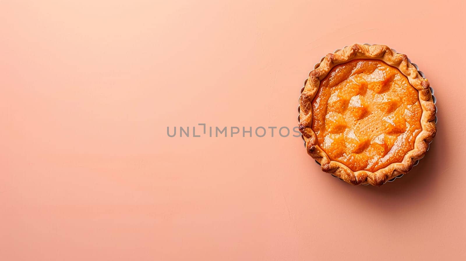 Top view of a freshly baked peach pie illuminated by natural light. Vibrant peach background complements the homemade dessert