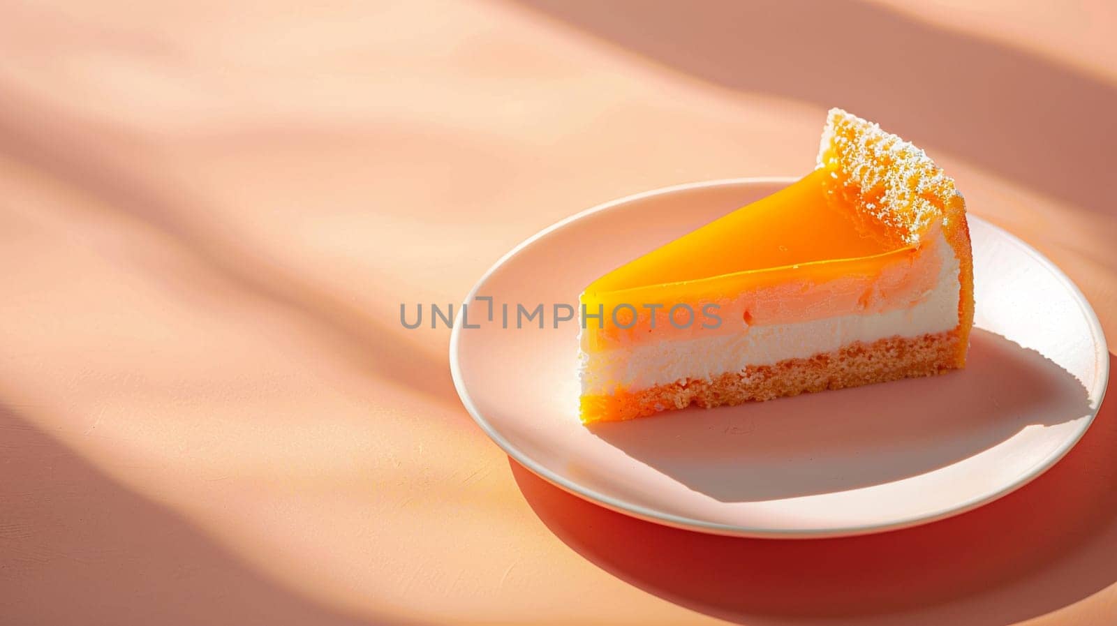 Tempting cheesecake piece with vibrant orange jelly topping captures play of light shadows against a delicate peach backdrop.