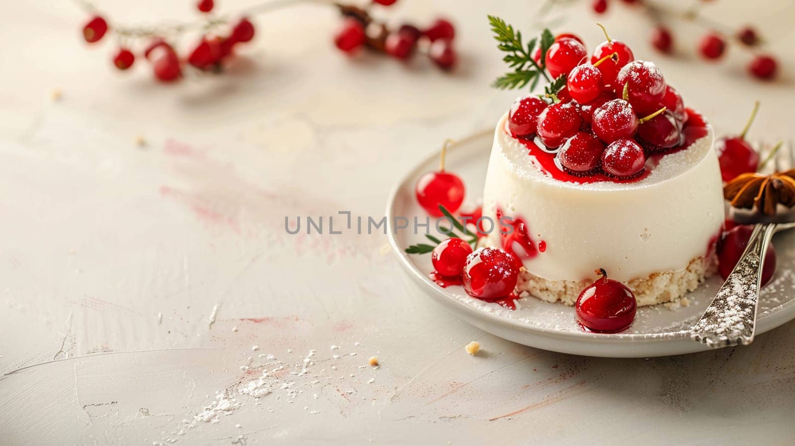 Delicious white dessert garnished with juicy red cherries, presented on elegant light background, ideal for celebrating special moments