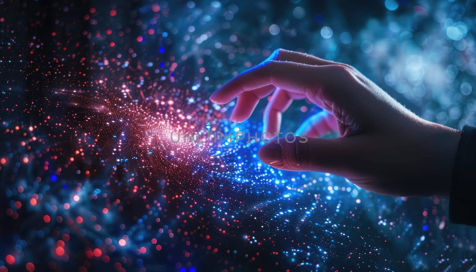 A hand is reaching out into a galaxy of stars by AI generated image.