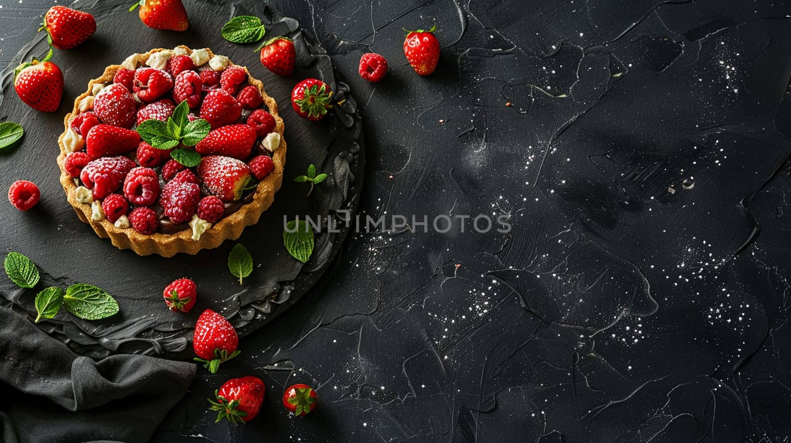 Gourmet strawberry raspberry tart garnished with fresh mint leaves, sprinkled with sugar, presented on a dark backdrop featuring elegant texture and contrast.