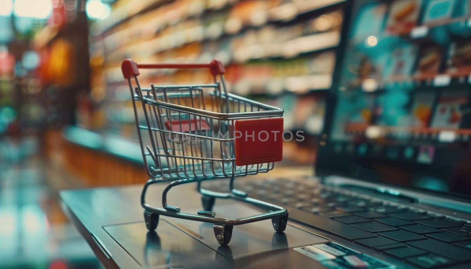 A laptop computer with a shopping cart on it by AI generated image by wichayada