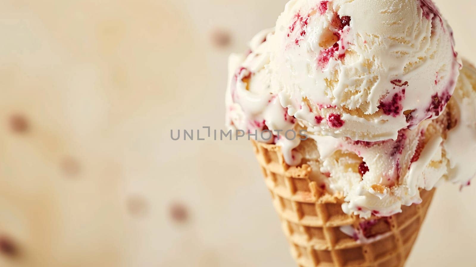 Close-up image of raspberry ripple ice cream melting on a cone. Tasty, creamy dessert perfect for summer refreshment. Space for text design.