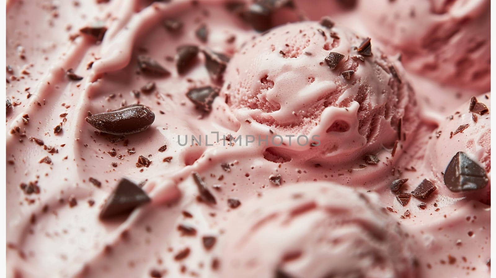 Close-up strawberry ice cream scoop chocolate chips, sweet dessert menu design by Yevhen89