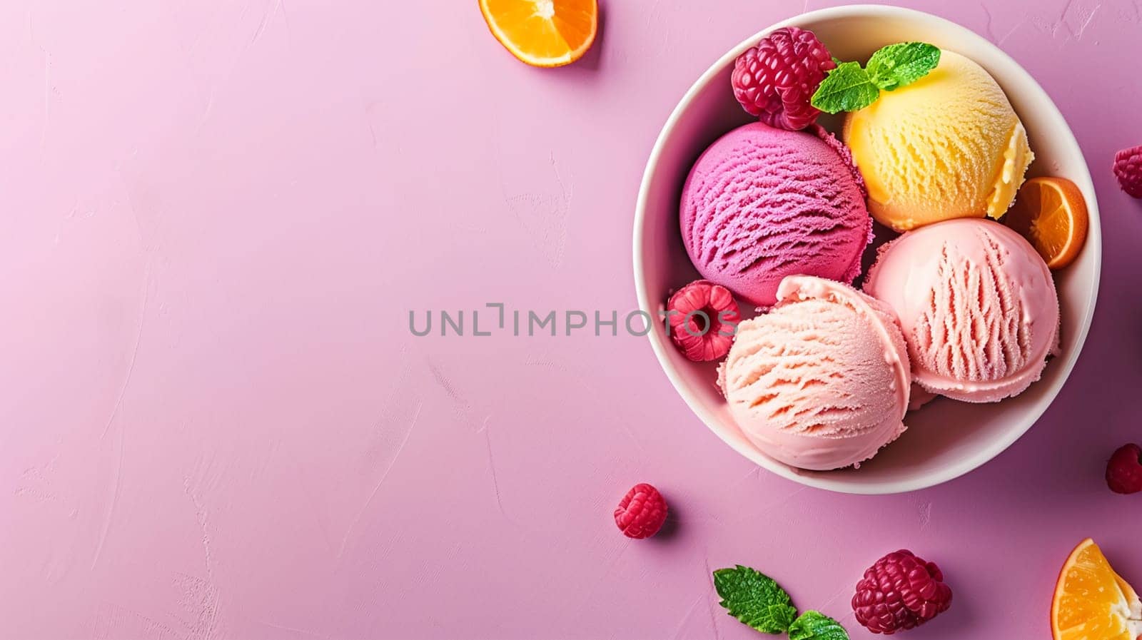 Overhead view featuring scoops of raspberry and orange ice cream dessert, vibrant pink backdrop, perfect summer treat with copy space