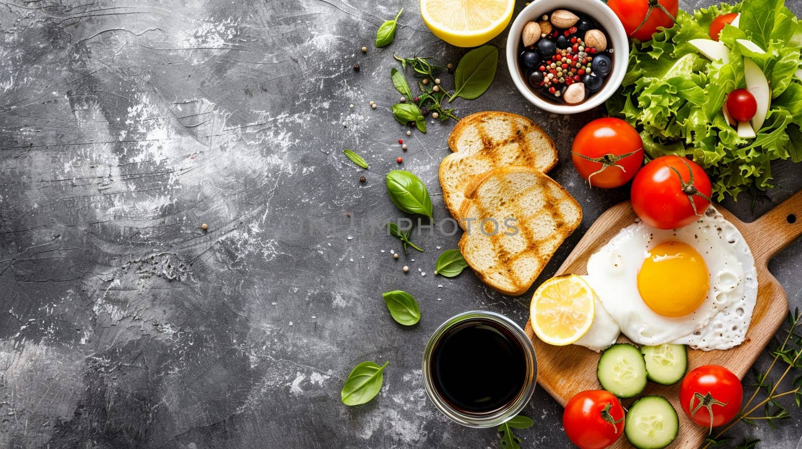 Overhead shot captures vegetarian breakfast spread healthy eating concept. Fresh ingredients like tomatoes, eggs, leafy greens showcased.