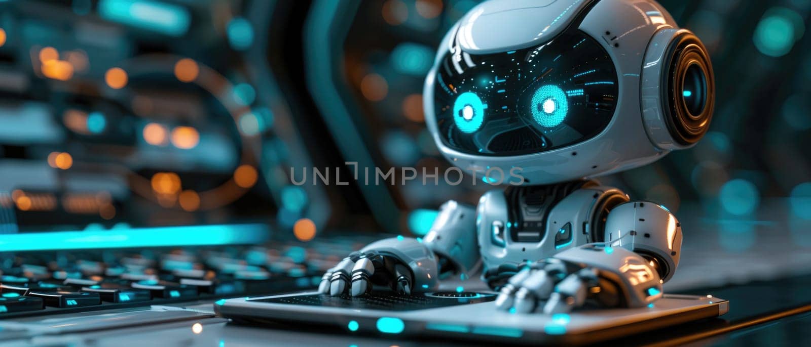 A robot is sitting in front of a laptop computer by AI generated image by wichayada