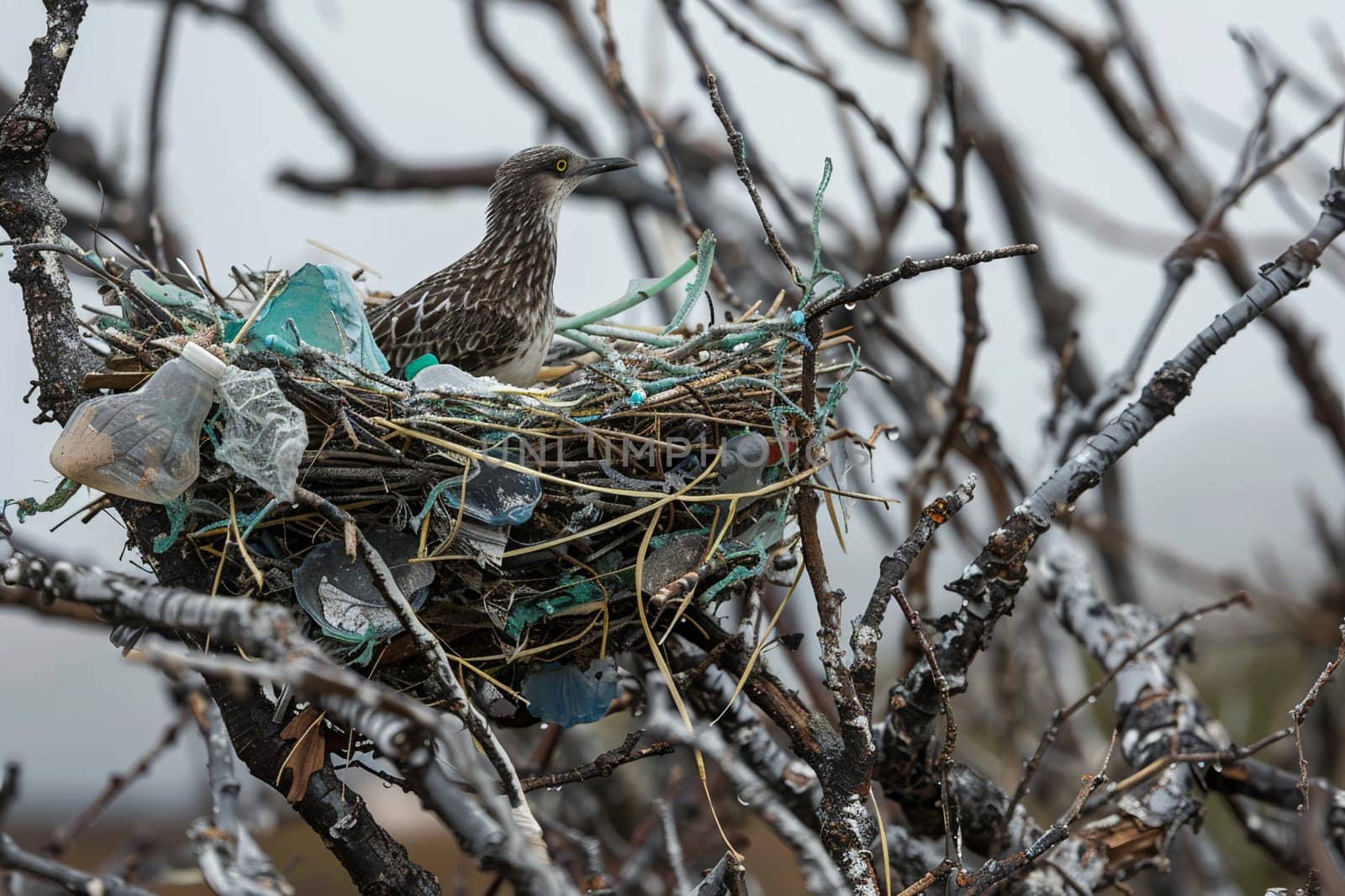 Bird perched atop a nest constructed from discarded plastic, highlighting the impact of pollution on nature