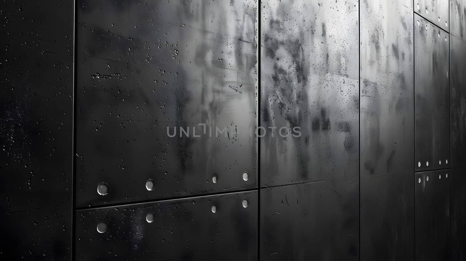 Closeup of a monochrome metal wall with holes, resembling a dark funeral door by Nadtochiy