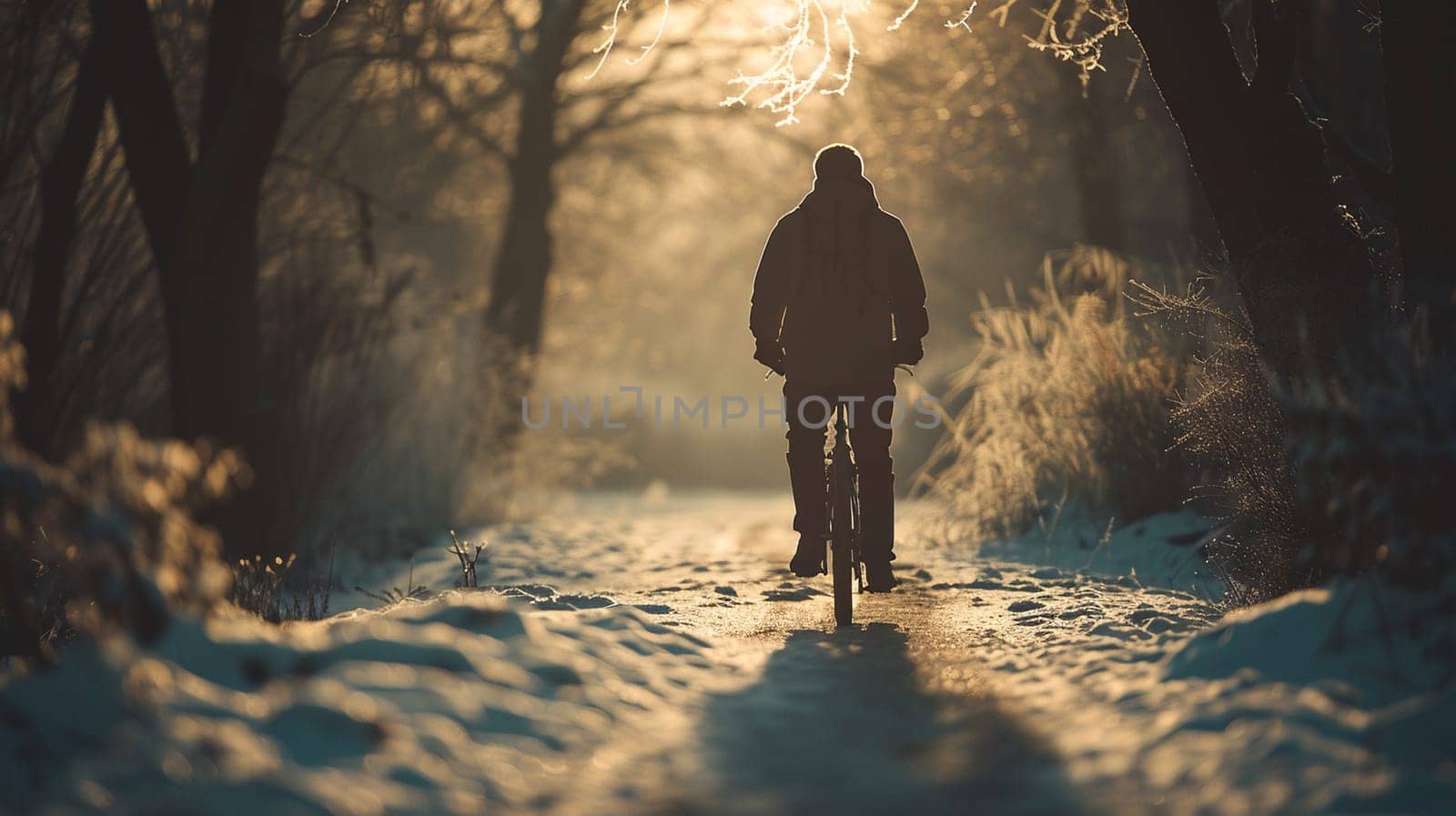 Crisp winter morning scene shows man enjoying bicycle ride down snowy trail, serene nature views highlighted by golden sunrise. Generative AI