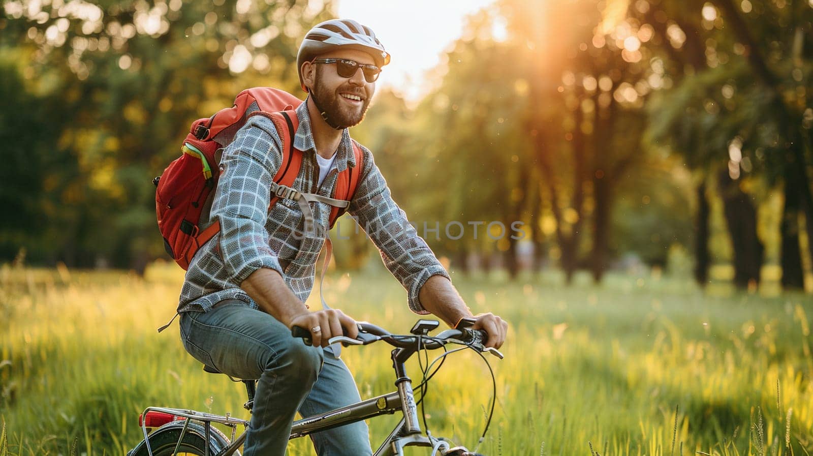 Active young adult cycling sunlit park, healthy outdoor lifestyle. Adventure awaits cyclist. Generative AI by Yevhen89