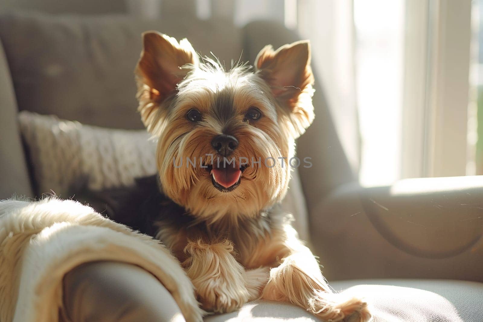 Yorkshire terrier captured enjoying serene moments of relaxation in a cozy, sunlit home chair, embodying comfort