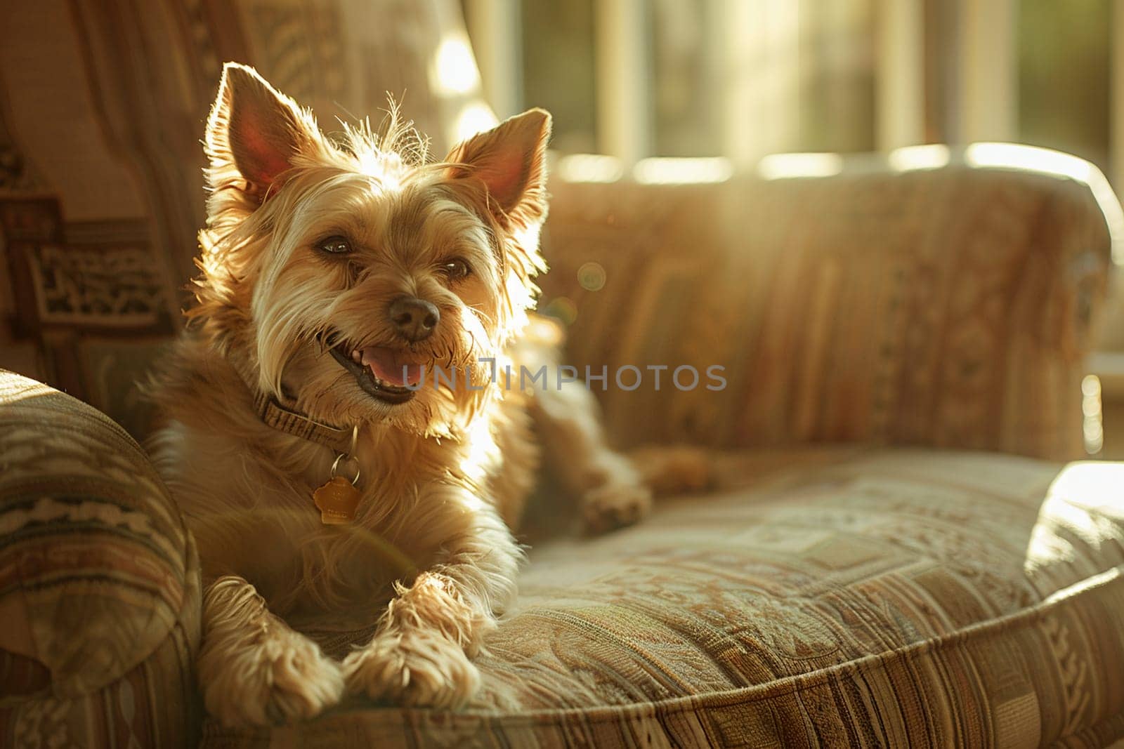 Relaxed Yorkshire terrier lying contentedly on luxury chair during golden hour. Serene pet scene captures warmth, comfort of home life.