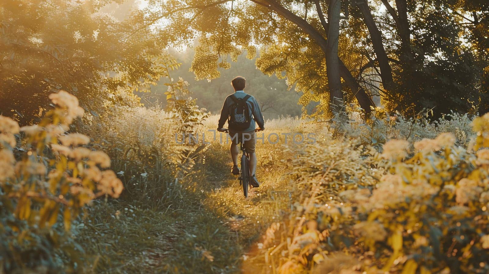 Active 25-30 year old man enjoys peaceful bike ride through lush nature, embodies fitness, health, and summer tranquility