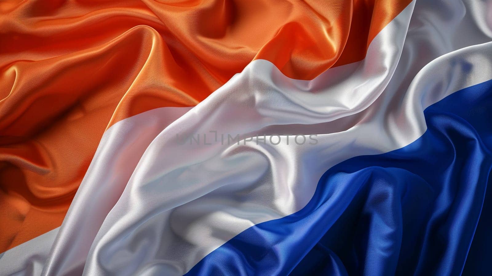 Close-up of vibrant orange, white, blue silk fabric simulating Netherlands flag. Symbol of Dutch national pride, cultural identity captured in luxurious texture.