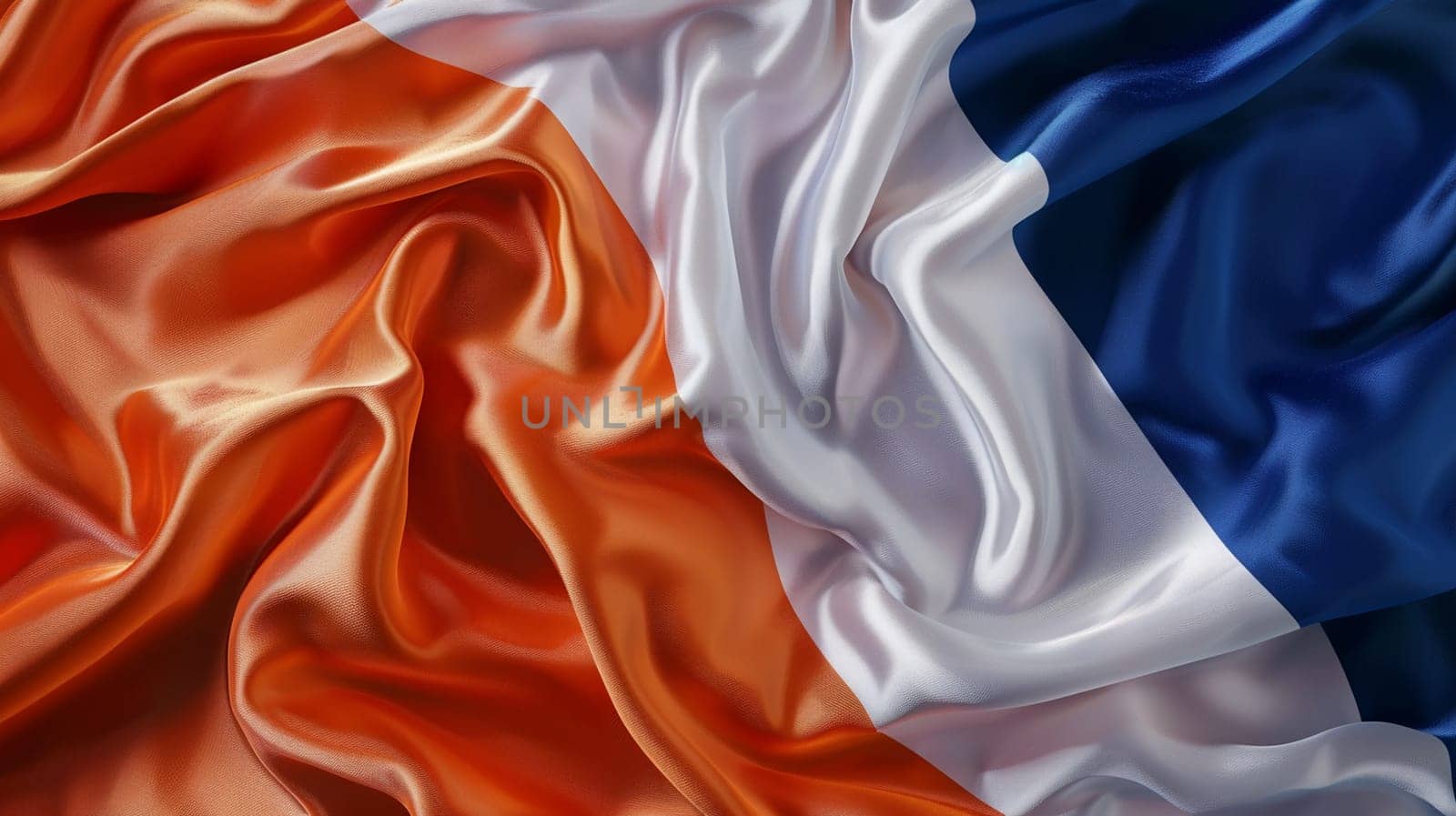 Closeup of Netherlands flag colors on luxurious waving silk texture. Symbolic Dutch pride background, vibrant patriotic concept. Elegant national flag fabric flow.