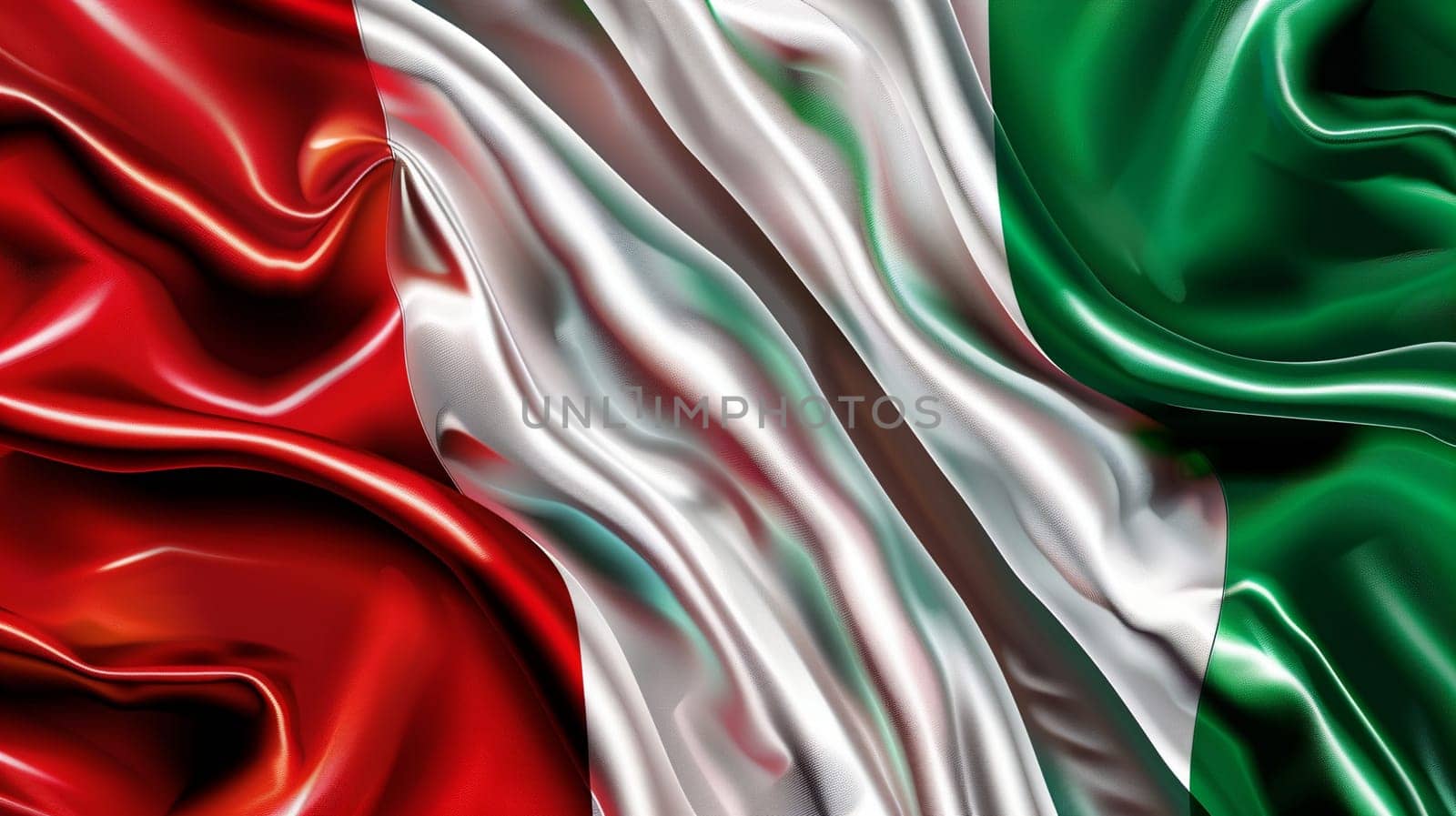 Elegant silk fabric waves in vibrant red, white, green colors of Italy's flag, symbolizing Italian heritage, patriotism, culture.