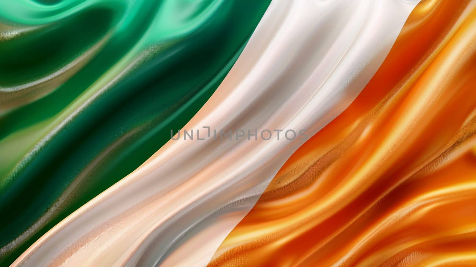 Elegant image of silky, wavy texture moving fluidly, showcasing vibrant colors representing Ireland's national flag