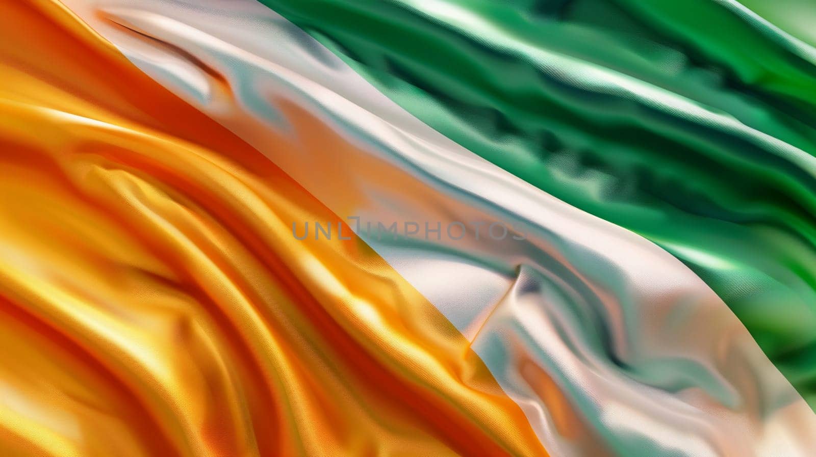 Elegant silk fabric waves create a dynamic representation of Ireland national flag, denoting patriotism, cultural heritage.