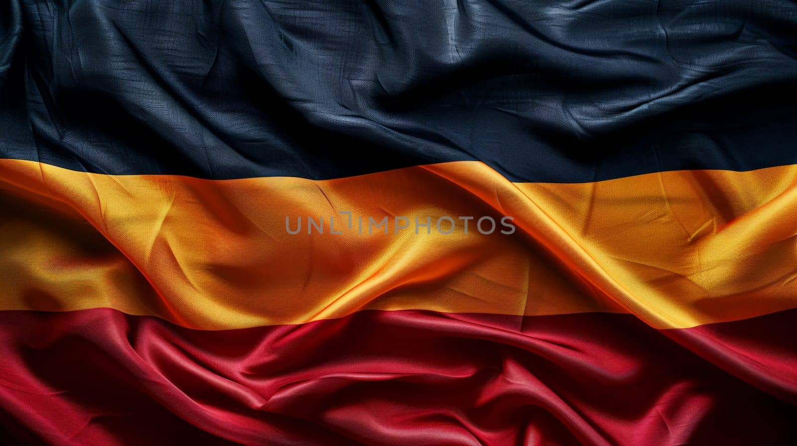 Stunning close-up image of Germany flag represented with silky folds. Vivid colors create dynamic texture, symbolizing national pride cultural heritage in high-quality fabric representation.