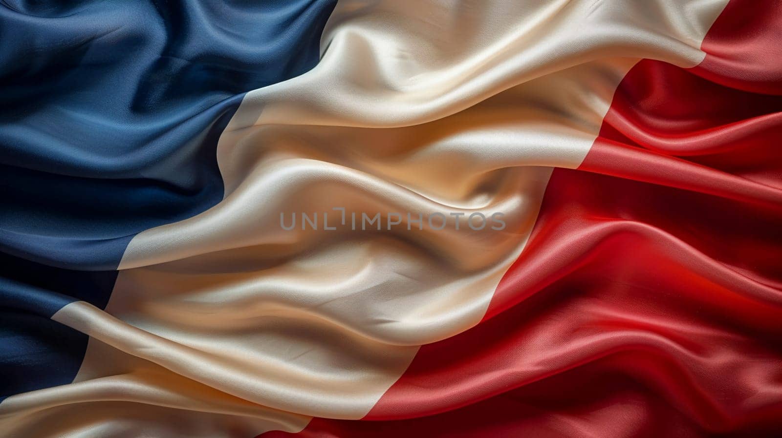 Silk fabric background flows in blue, white, red waves representing French national pride, patriotism, culture.