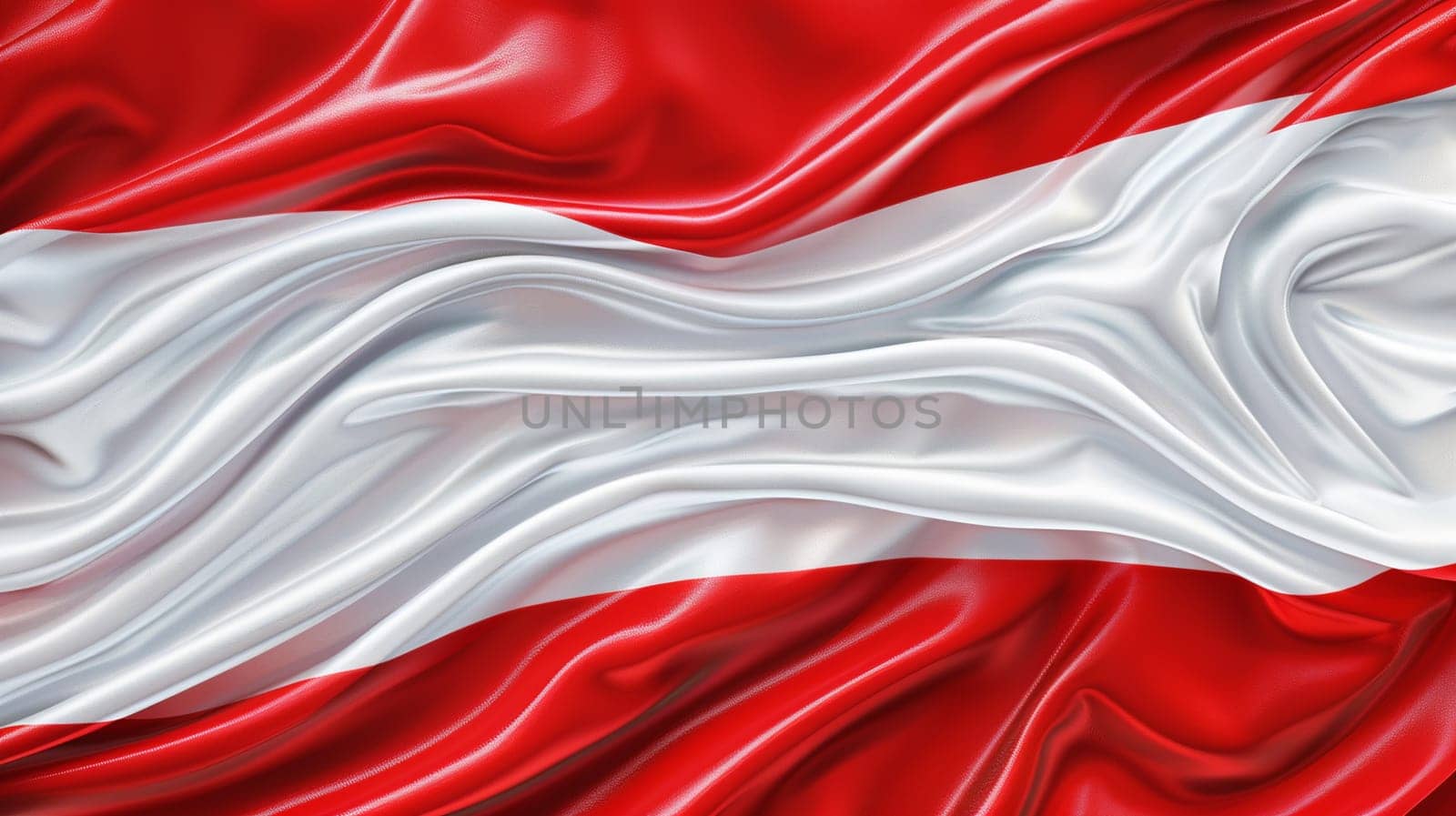 Close-up of wavy silk material representing Austrian flag, showcasing patriotism through vibrant red and white smooth folds.