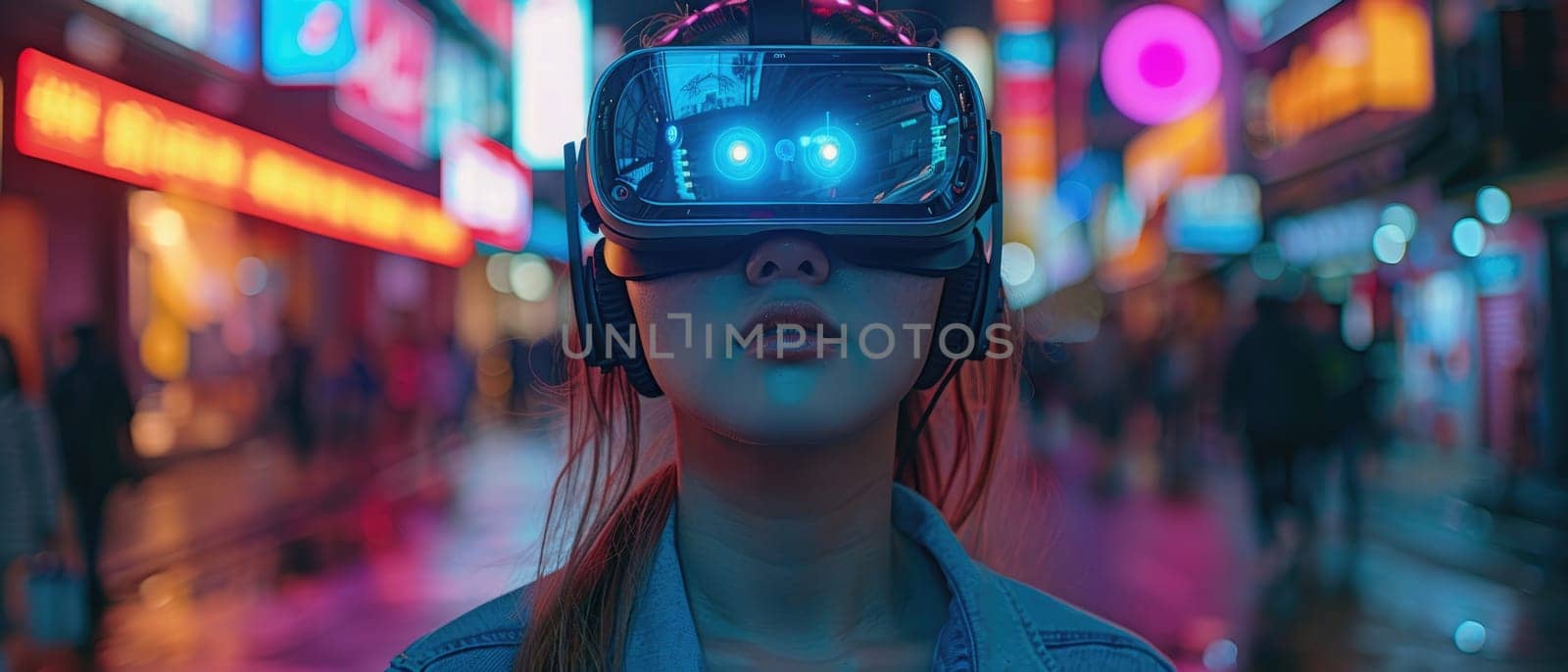 A woman wearing a virtual reality headset is standing in a city street by AI generated image.
