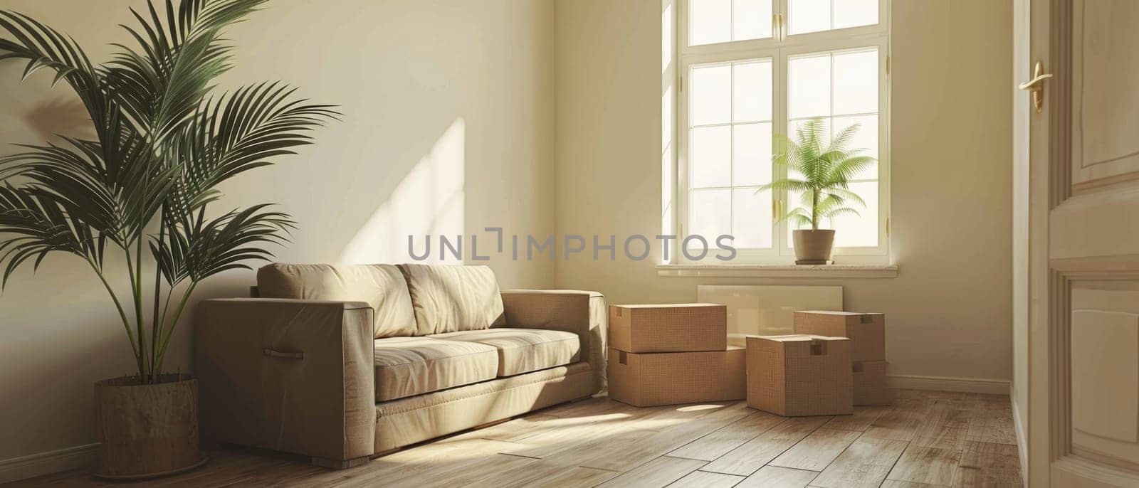 A living room with a couch and a potted plant by AI generated image.