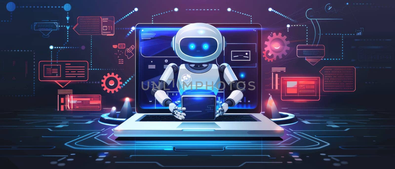 A robot is sitting in front of a laptop computer by AI generated image.