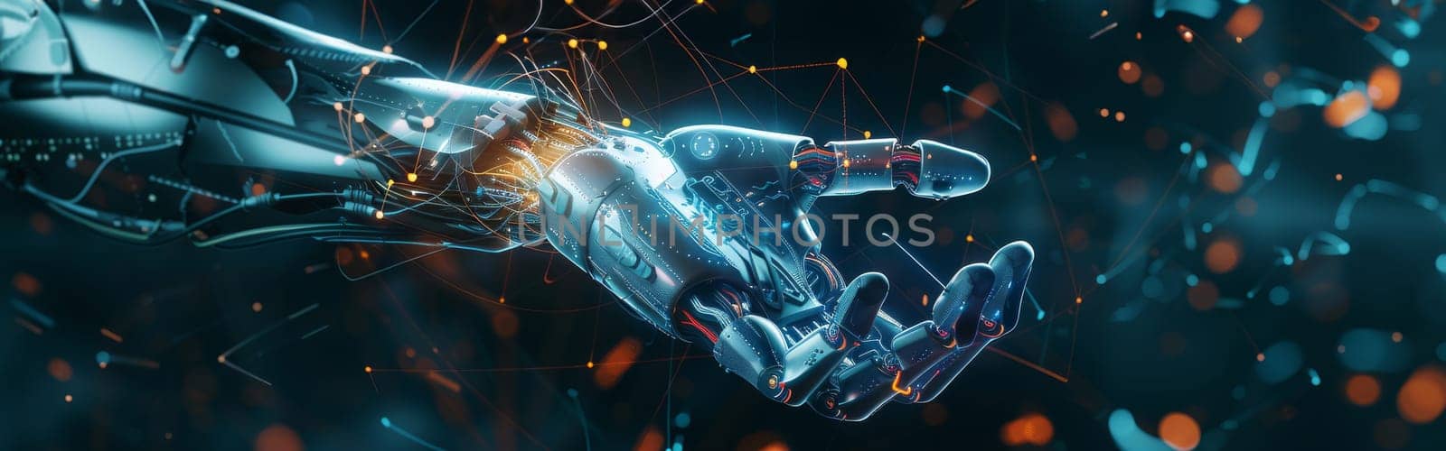A robotic hand is shown in a black and blue background with a lot of sparks by AI generated image by wichayada