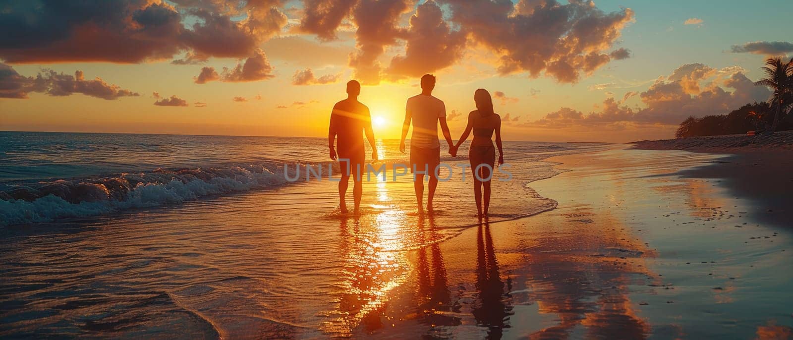 A group of three people are walking on the beach at sunset by AI generated image by wichayada