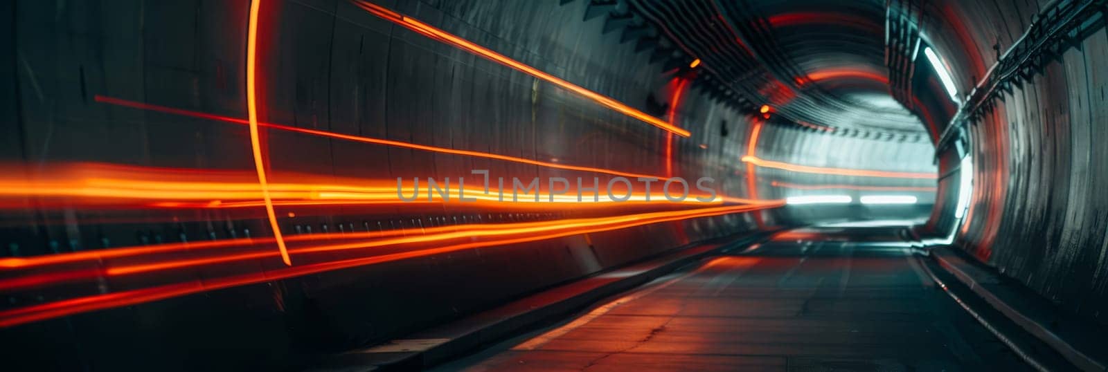 A tunnel with a bright orange light shining through it by AI generated image.