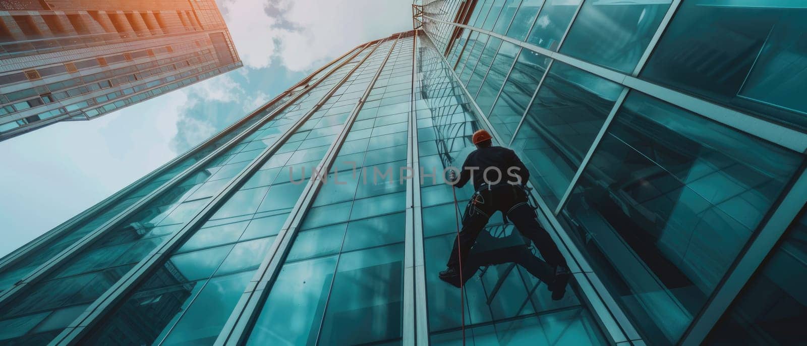 A man is hanging from a building, suspended by a rope by AI generated image.