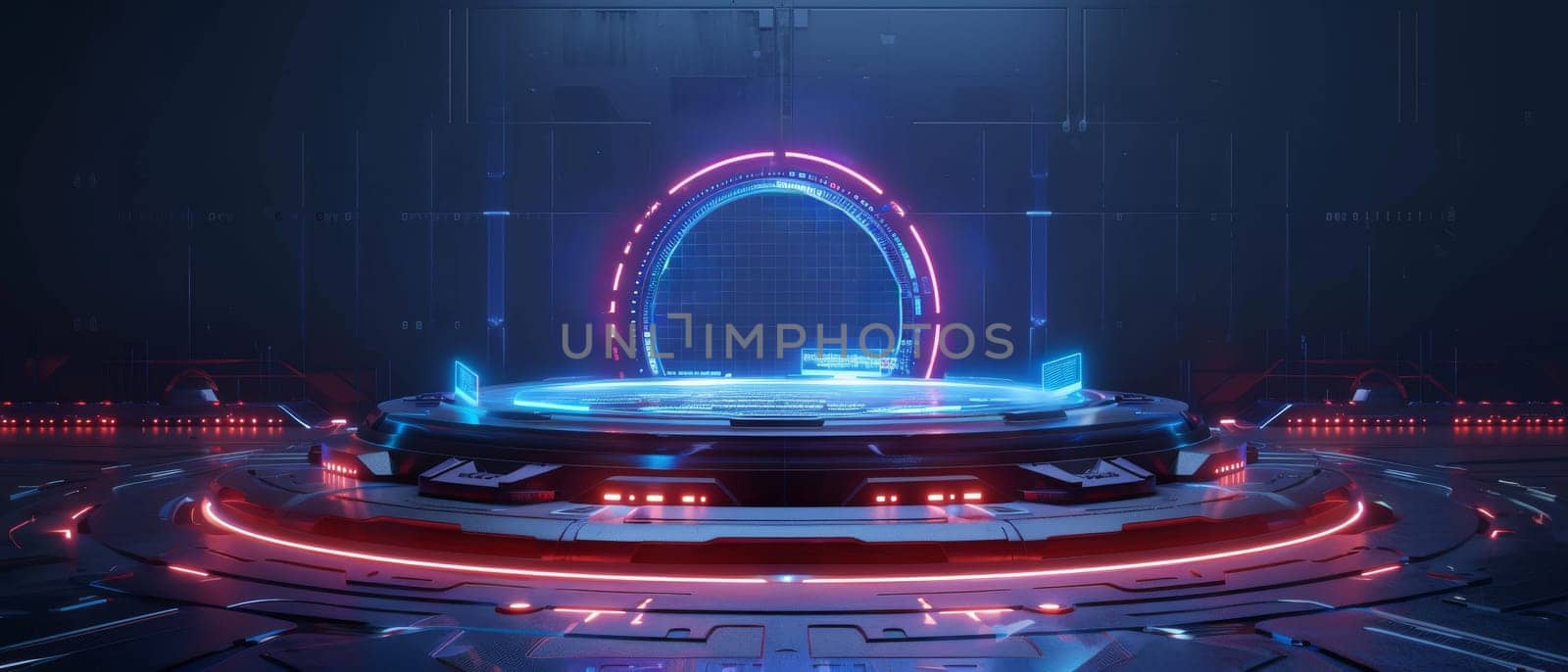 A futuristic scene with a large circular structure in the center by AI generated image.