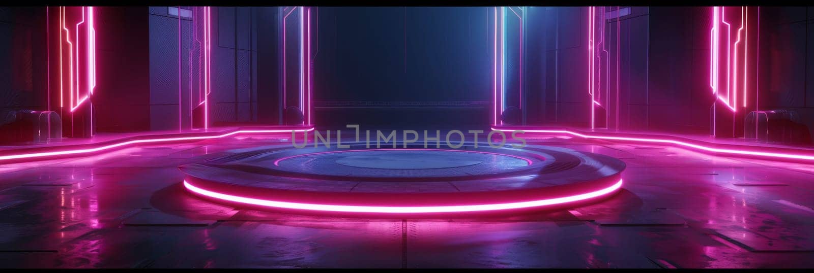 A neon pink room with a circular floor by AI generated image.