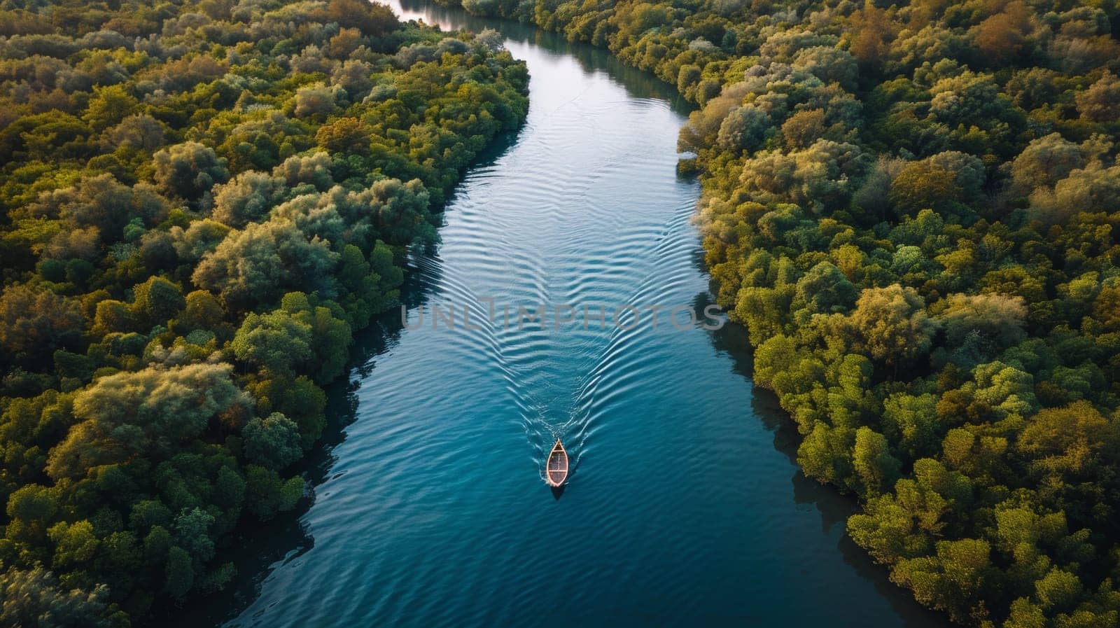 A boat traveling down a river surrounded by lush green trees