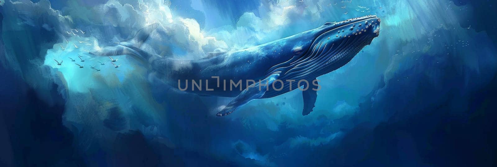 A whale is swimming in the ocean by AI generated image.