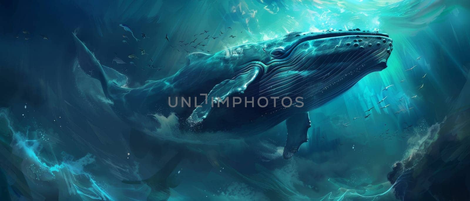 A whale is swimming in the ocean by AI generated image.