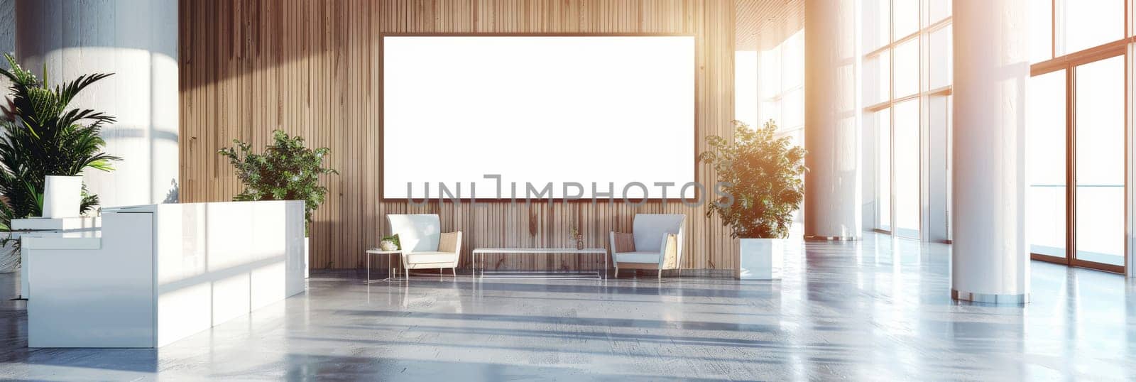 A white wall with a large white board and two potted plants by AI generated image by wichayada
