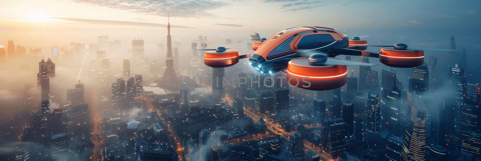 A futuristic city with a red and orange flying robot by AI generated image.