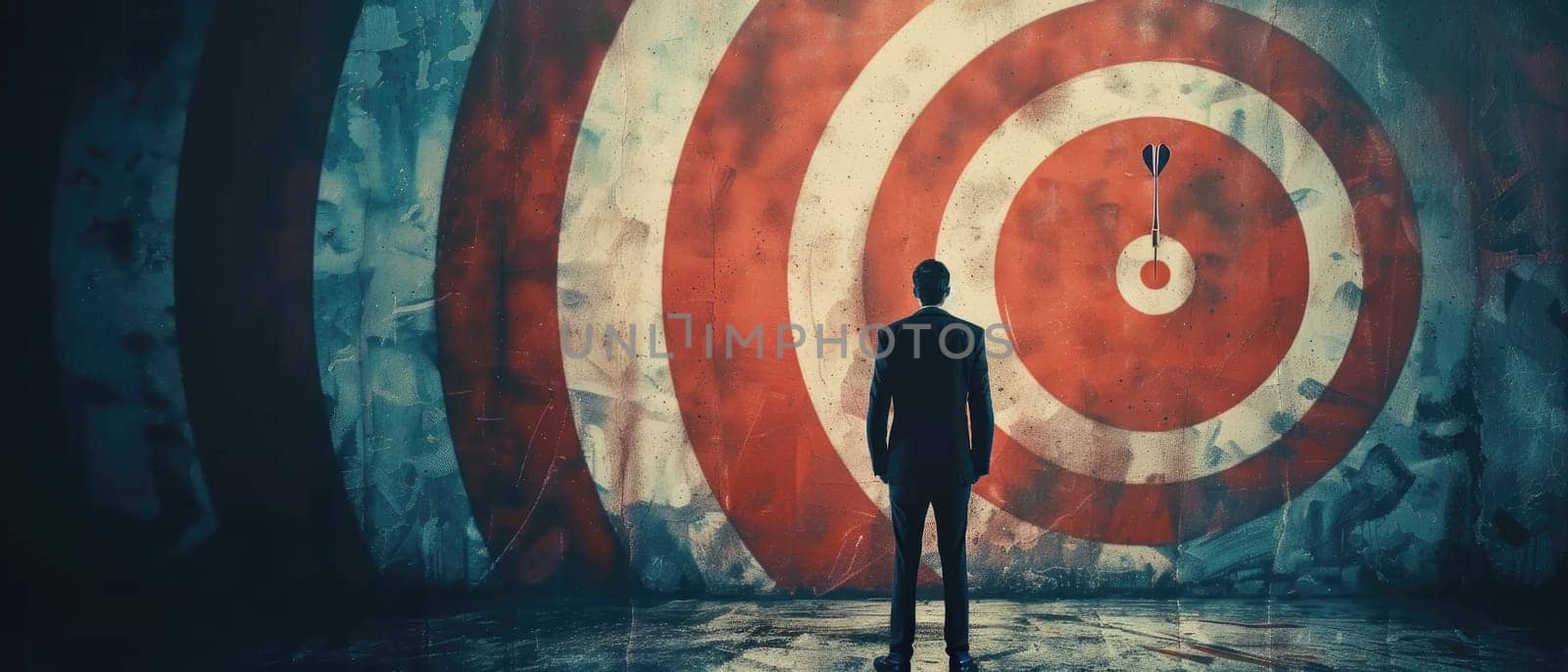 A man stands in front of a red target by AI generated image.