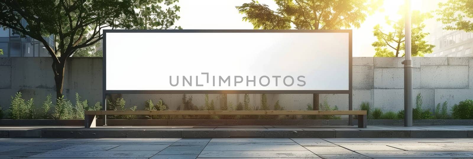 A large white billboard sits on a sidewalk next to a bench by AI generated image by wichayada