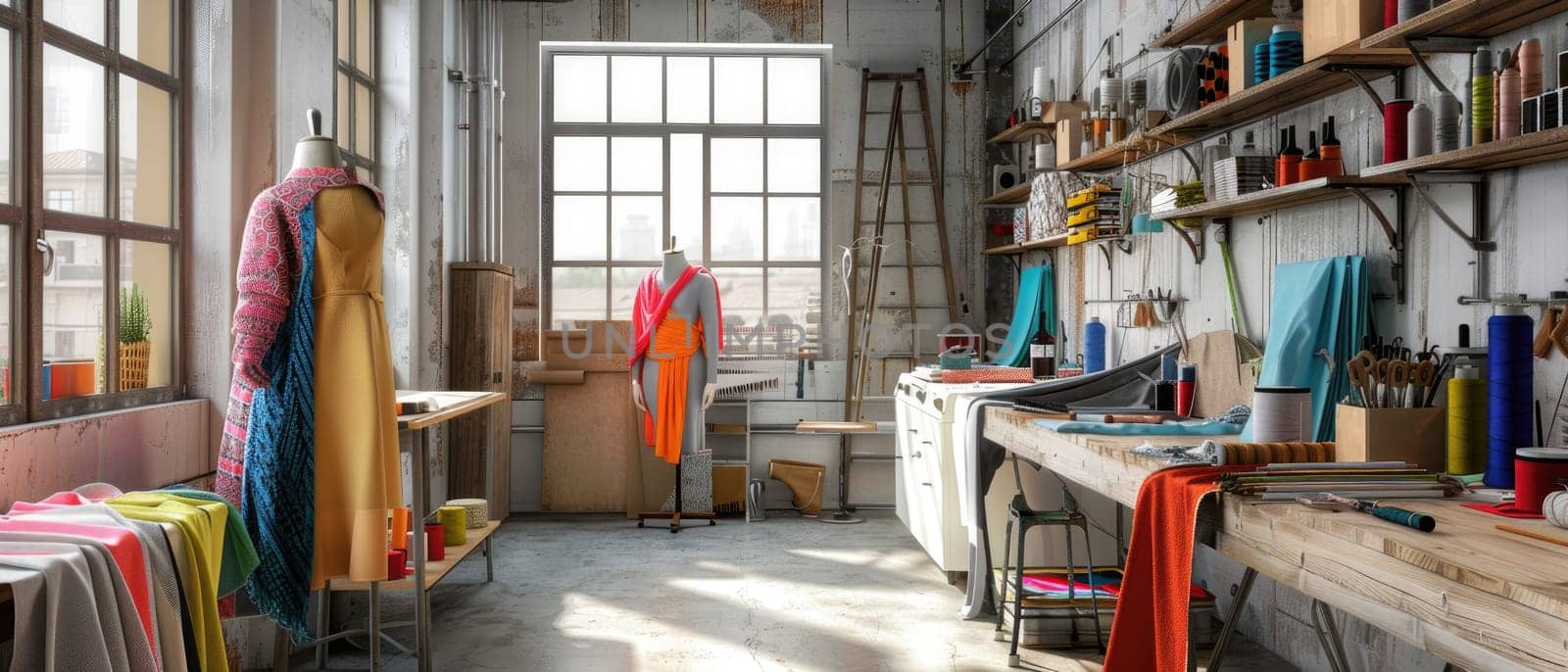 A room with a sewing machine and a mannequin by AI generated image.