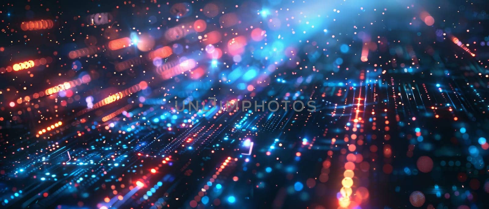 A computer screen with a lot of glowing lights and a blurry background by AI generated image.