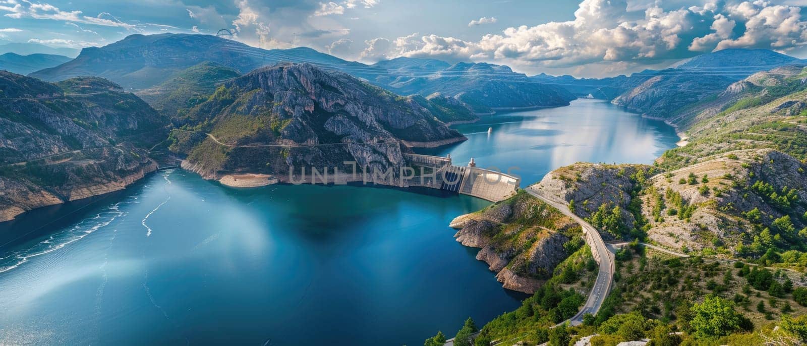 A beautiful mountain range with a large body of water in the foreground by AI generated image.