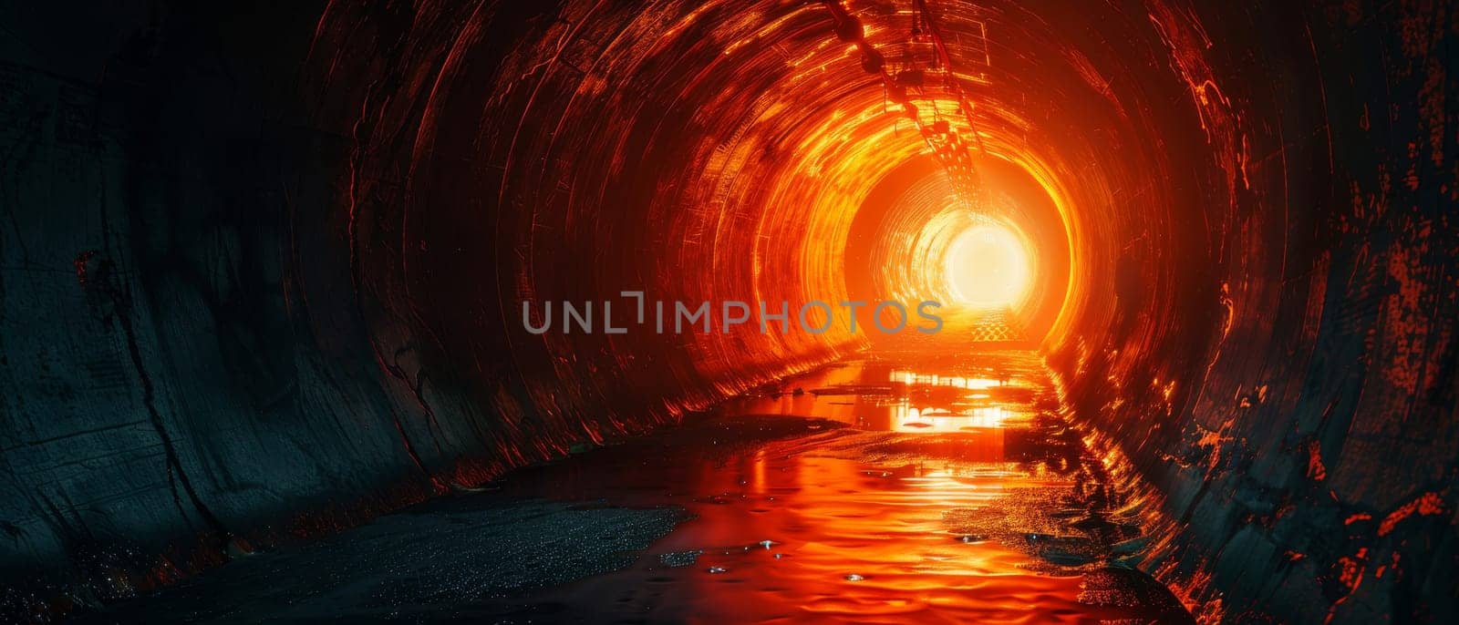 A tunnel with a bright orange light shining through it by AI generated image.