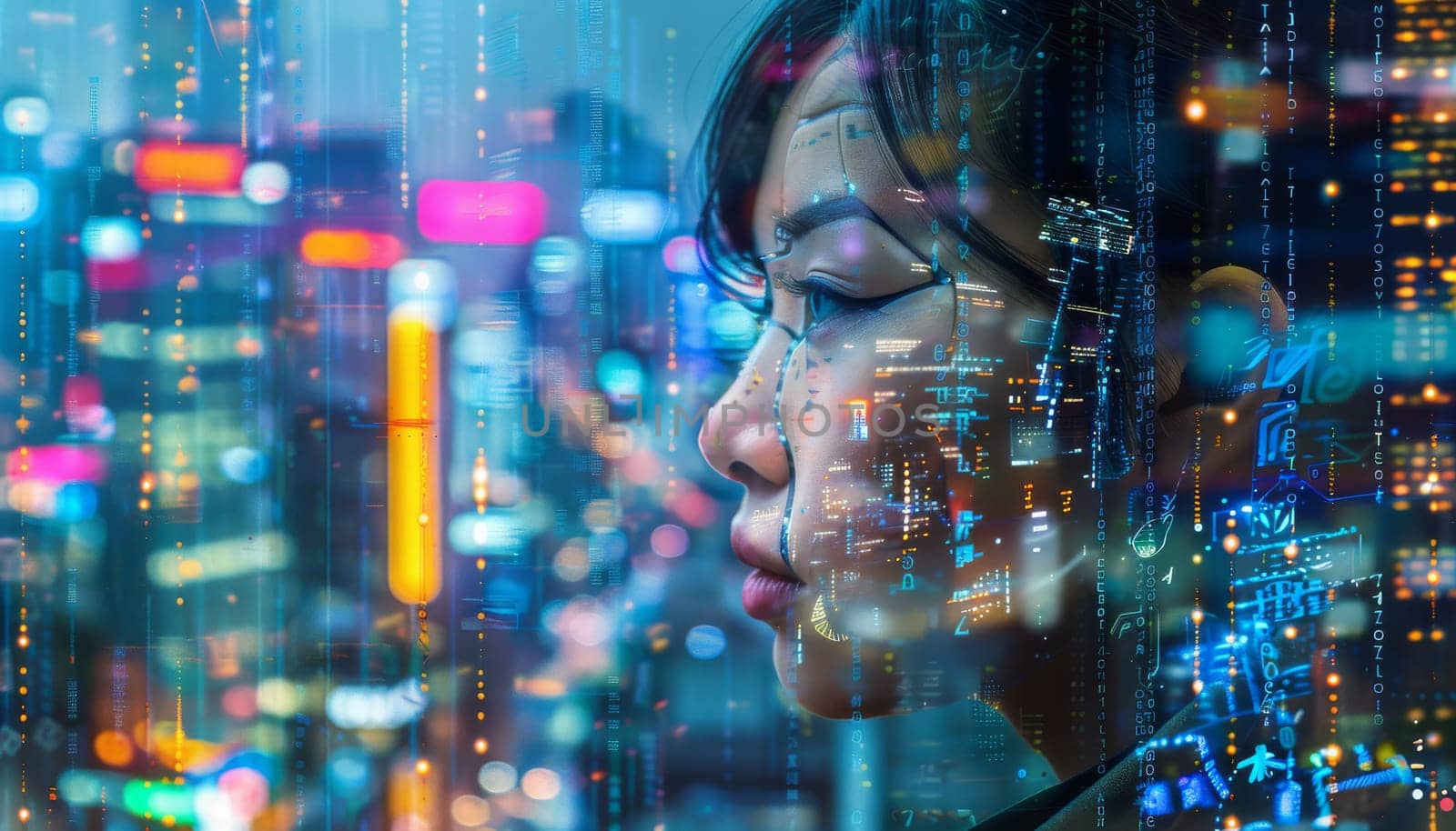 A woman's face is shown in a cityscape with a futuristic look by AI generated image.