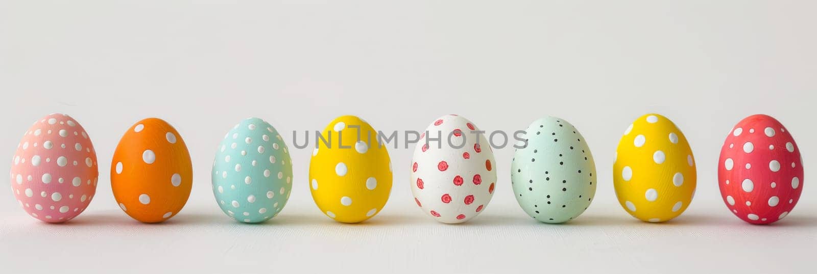 A row of painted eggs with polka dots and stripes by AI generated image.
